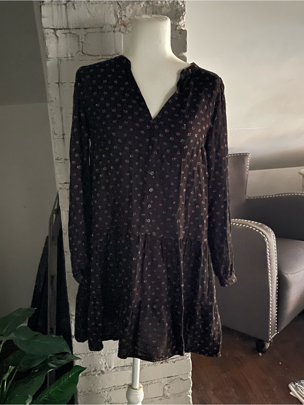 LOFT Black Long-Sleeve Printed Button Dress
